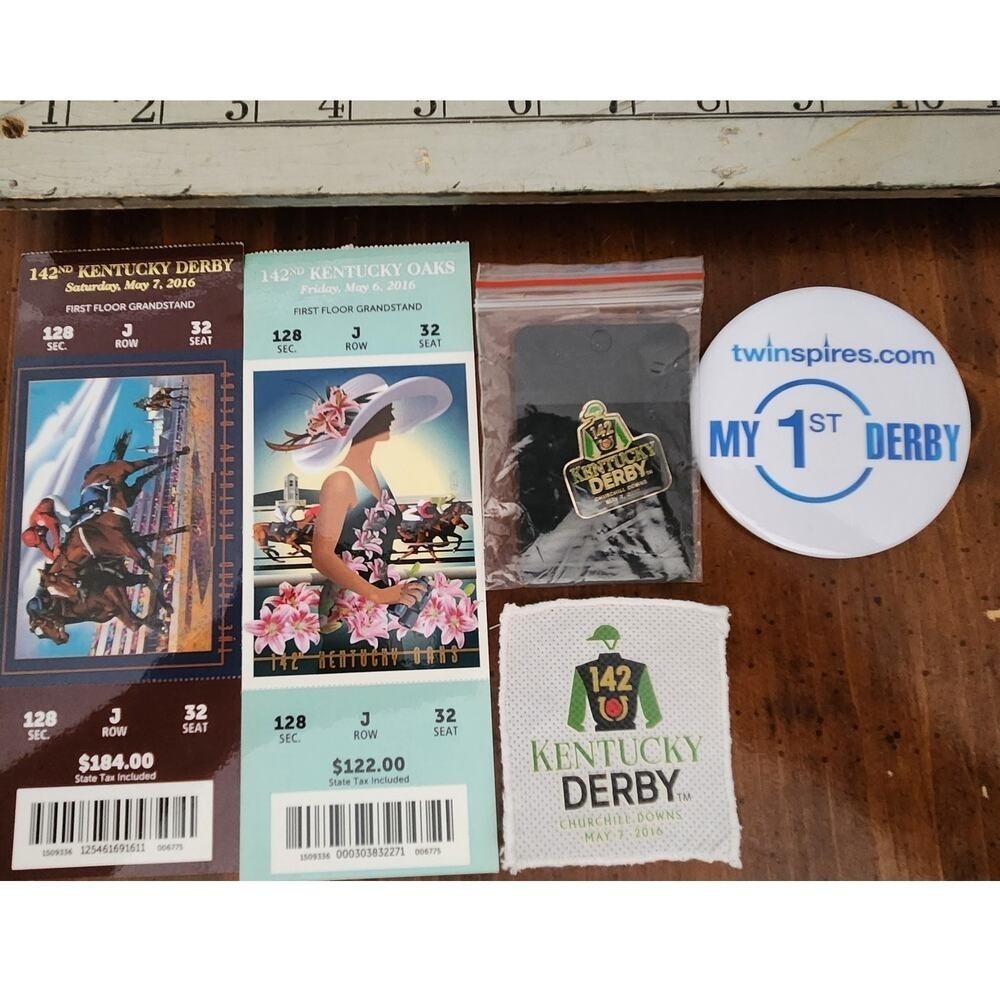 2016 Kentucky Derby Memorabilia 2 Tickets Lapel Pin Patch and Pinback Button